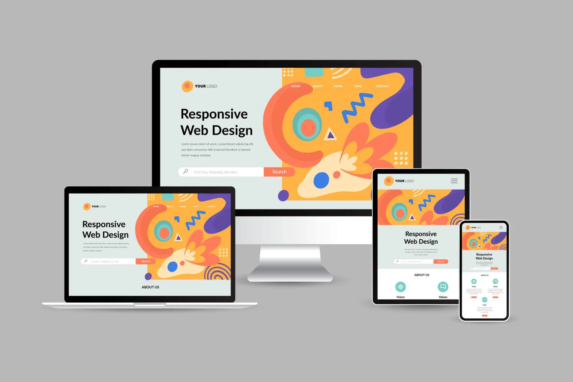 Illustration de responsive web design : site web affiche sur ordinateur, tablette et smartphone – concept d'adaptabilite
