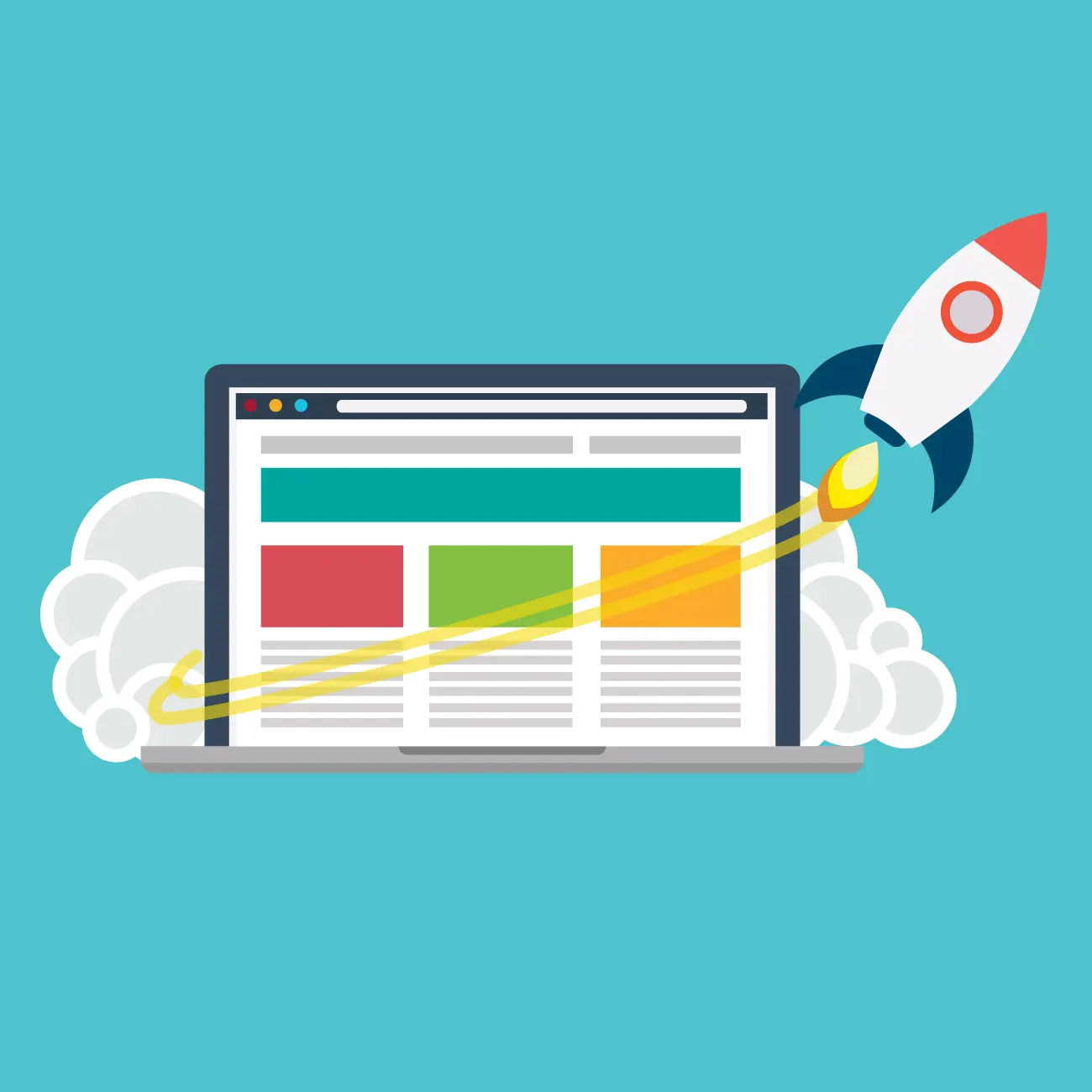 Illustration d'un site web WordPress decollant comme une fusee – symbolise l'optimisation et la croissance du site